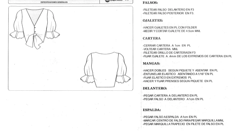 Especificaciones de medidas en una ficha técnica de ropa