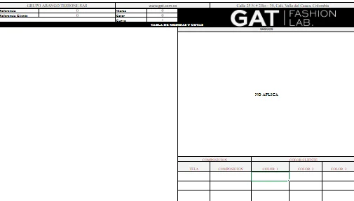 Modelo de ficha técnica de producción de GAT Fashion Lab