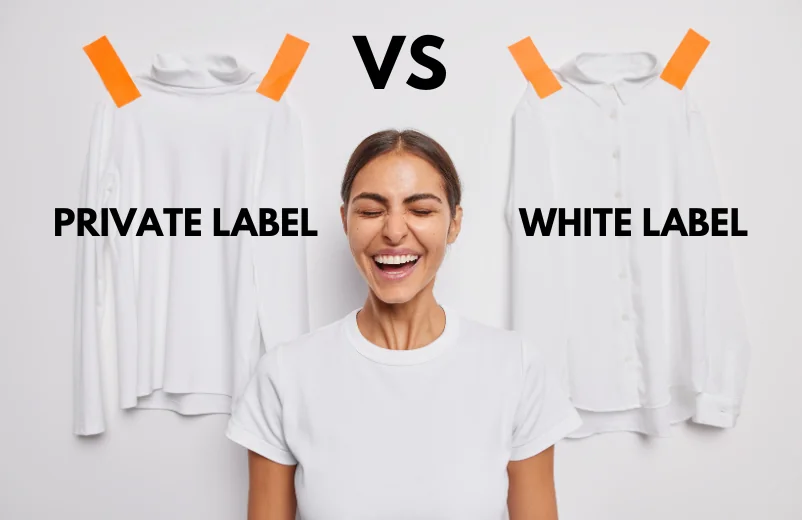 A hesitant woman in the midst of two unbranded white garments without labels alludes to the indecision between private label and white label 