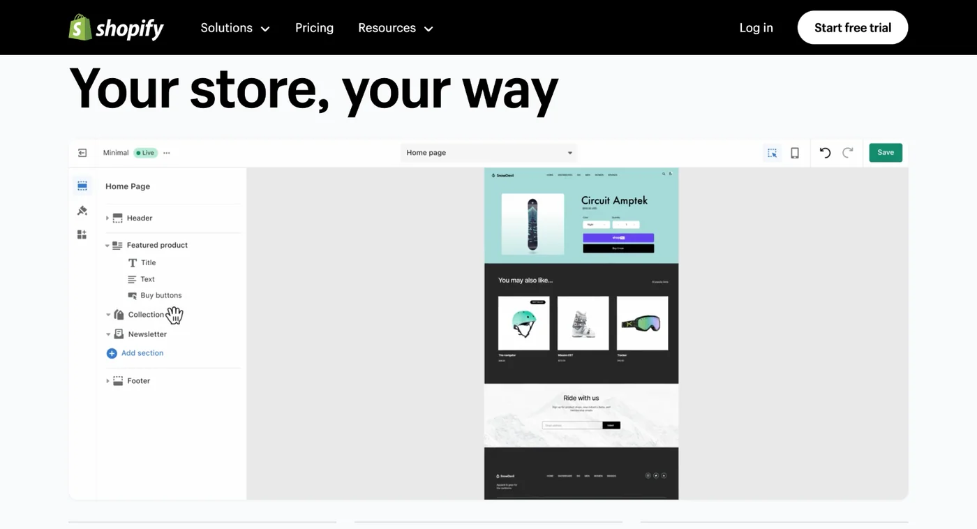 Shopify homepage showing the online store builder