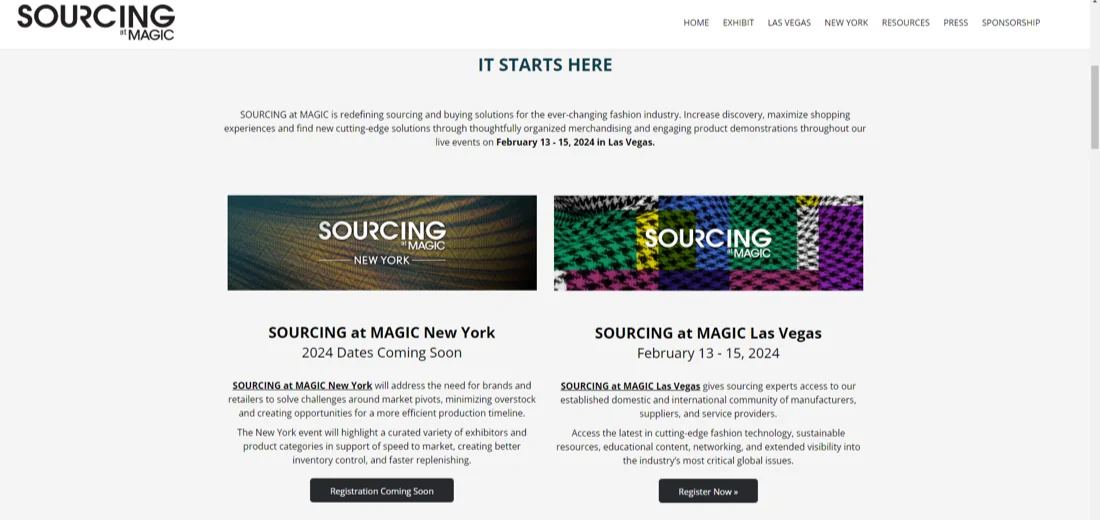 Website of the Sourcing at MAGIC trade show listing its New York and Las Vegas editions