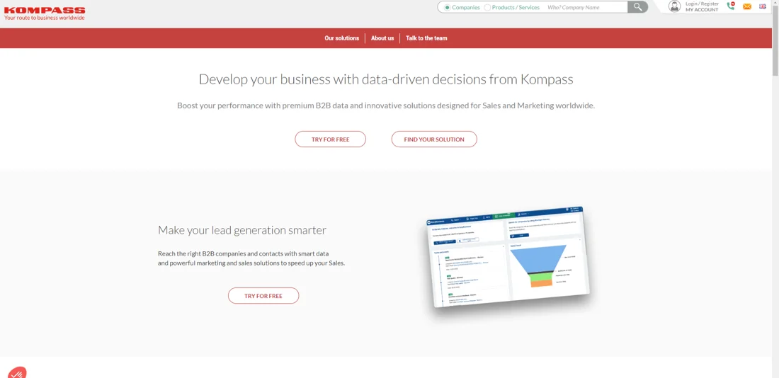 Kompass website homepage offering B2B company data for sales and marketing teams