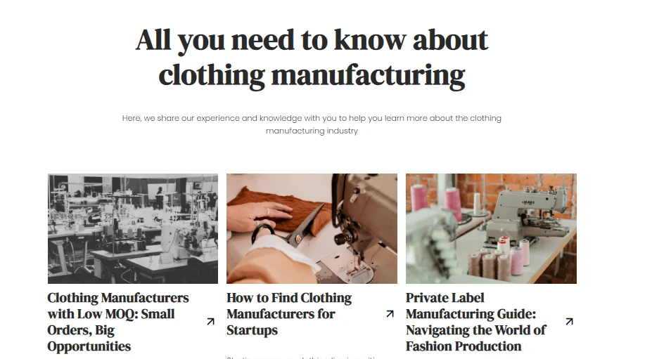 Blog index page titled All you need to know about clothing manufacturing