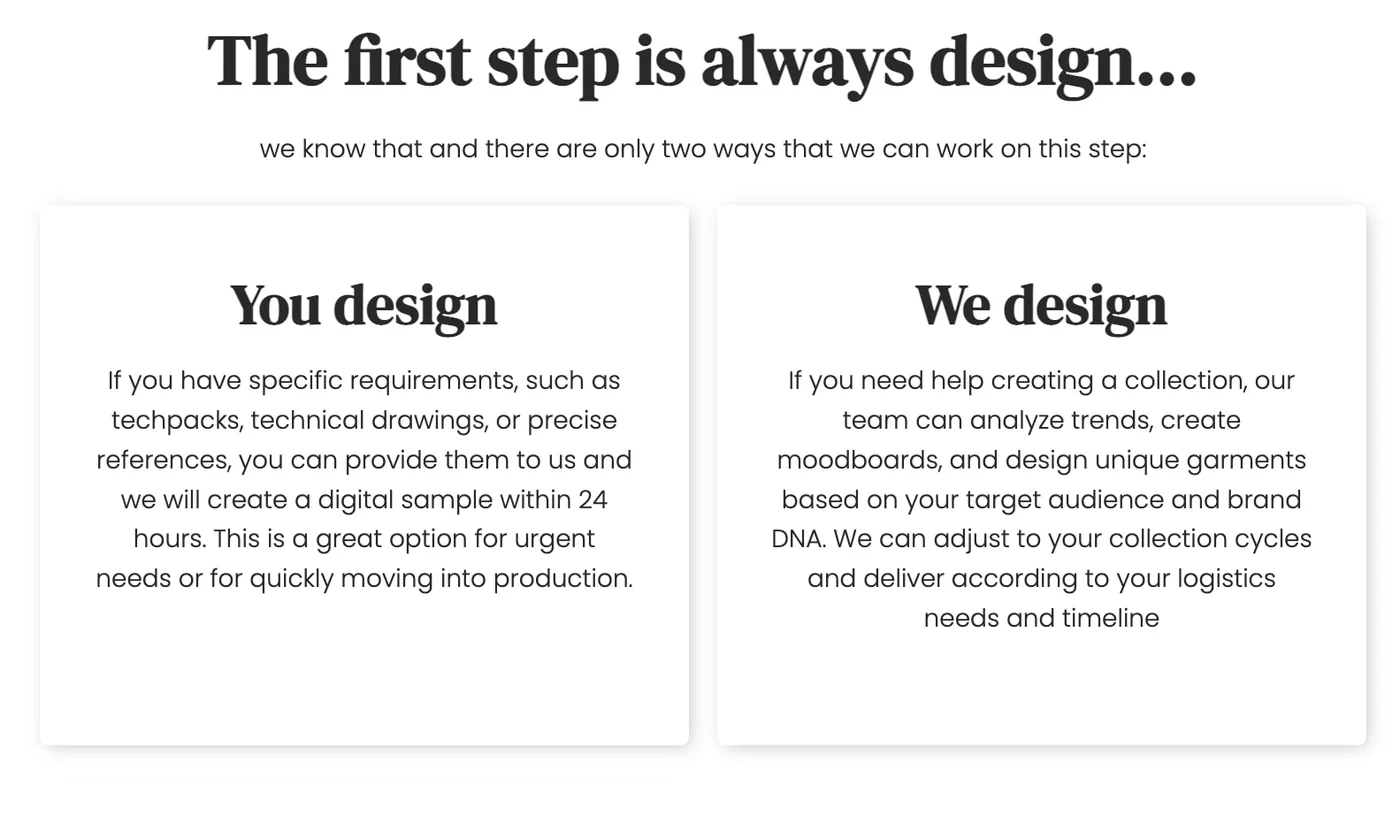 Comparing the "you design" and "we design" options for working with GAT Fashion Lab's Full Package Clothing Manufacturing Service
