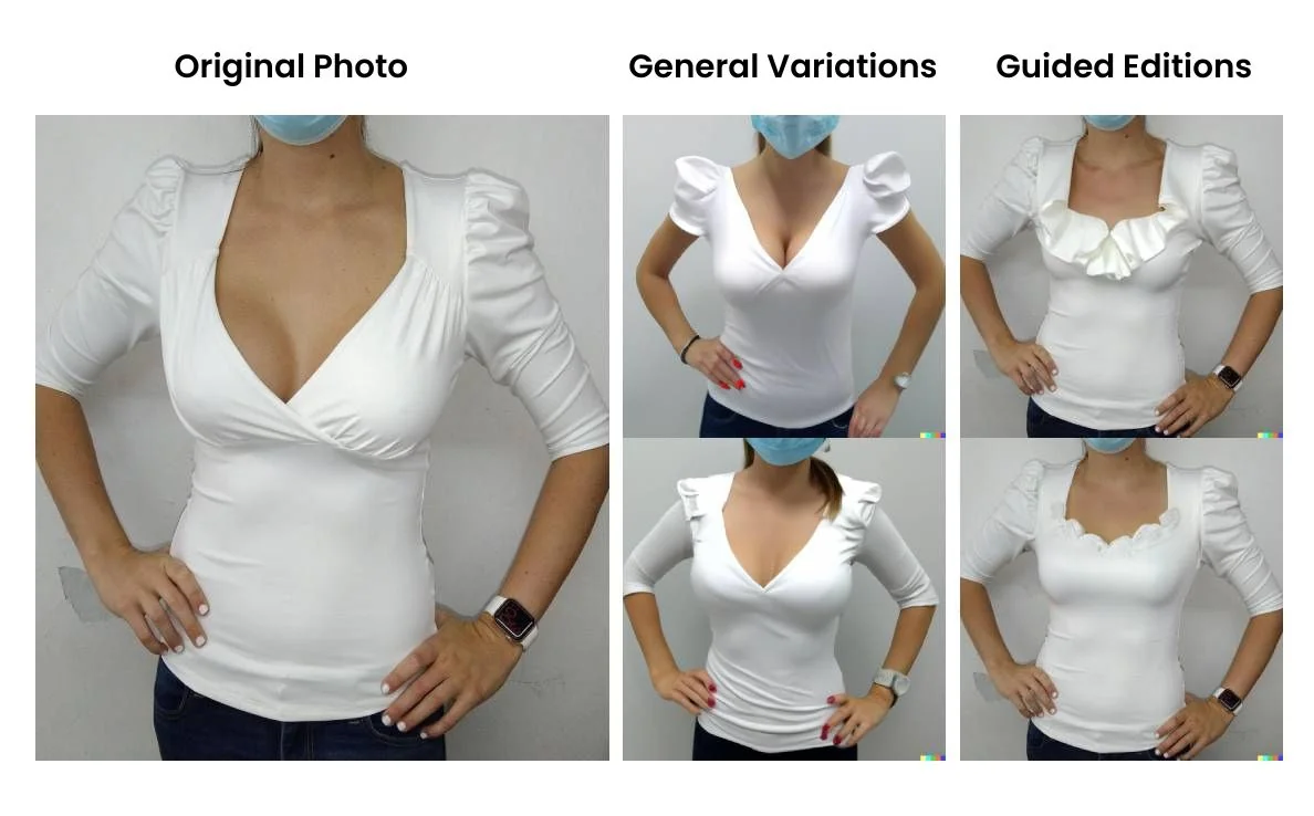 Example of Fashion created with Generative AI. Original photo and four variations, two made 100% by AI and the other two made with guidance. 