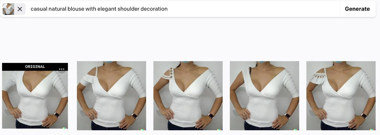 AI image tool generating variations of a white blouse from a design prompt