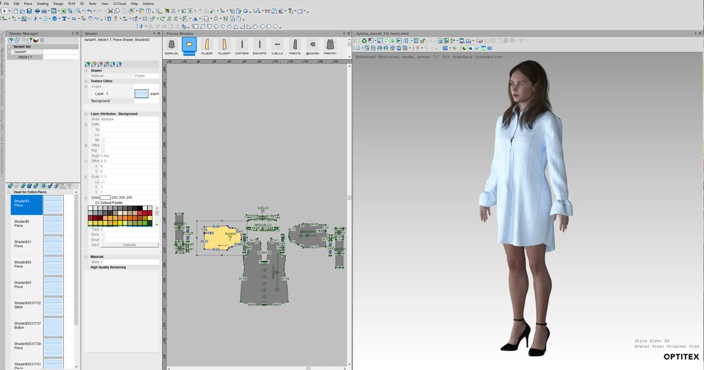 Optitex 3D workspace with the pattern pieces and the simulated shirt on an avatar
