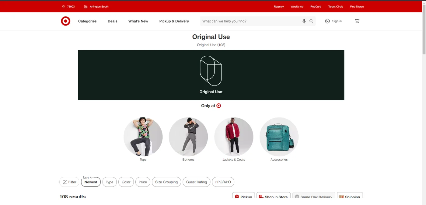 Screenshot of the brand's website ORIGINAL USE
