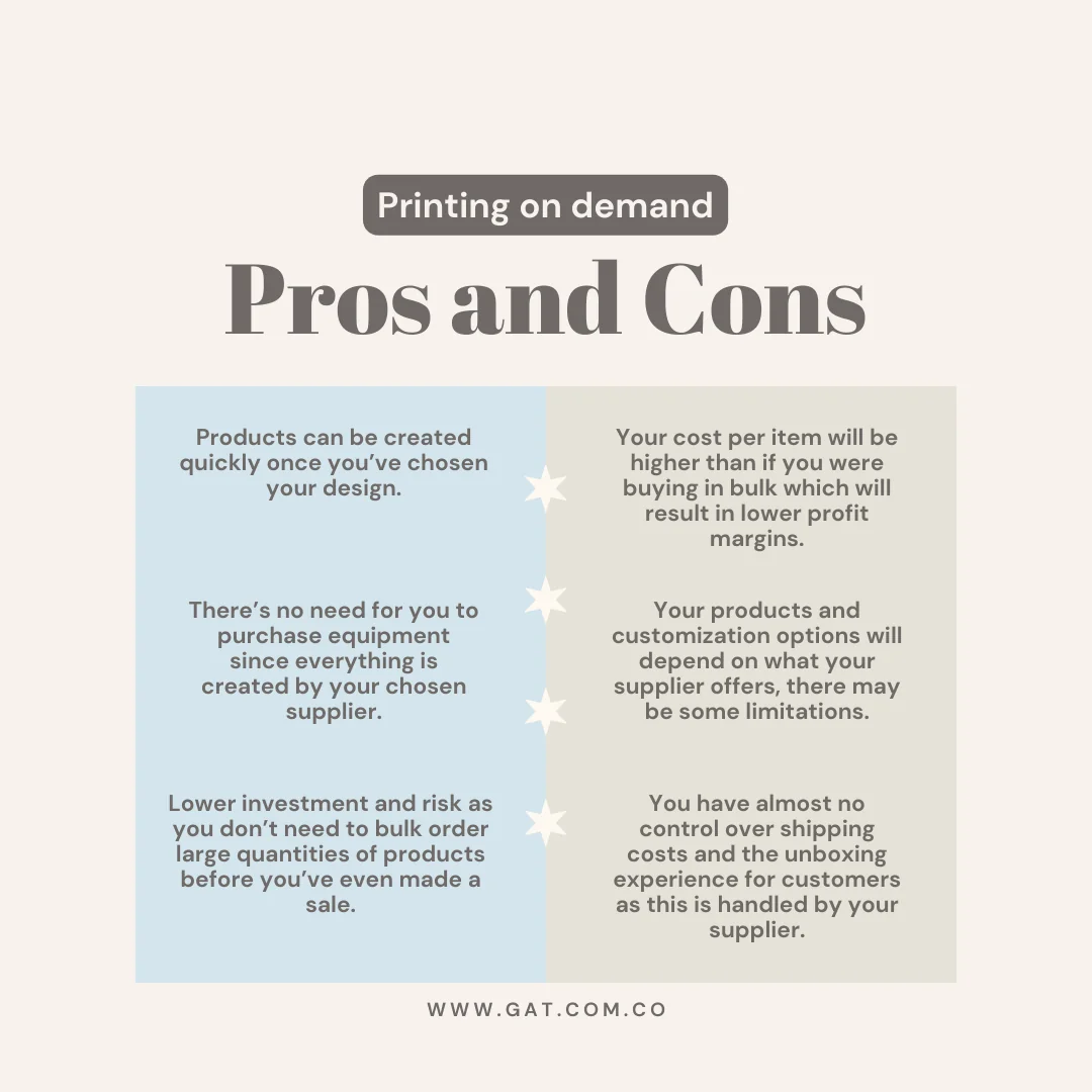Infographic listing the pros and cons of print on demand for clothing brands