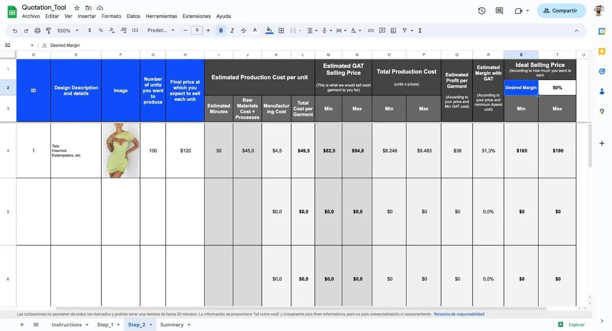 Screenshot of GAT Fashion Lab Quotation Tool