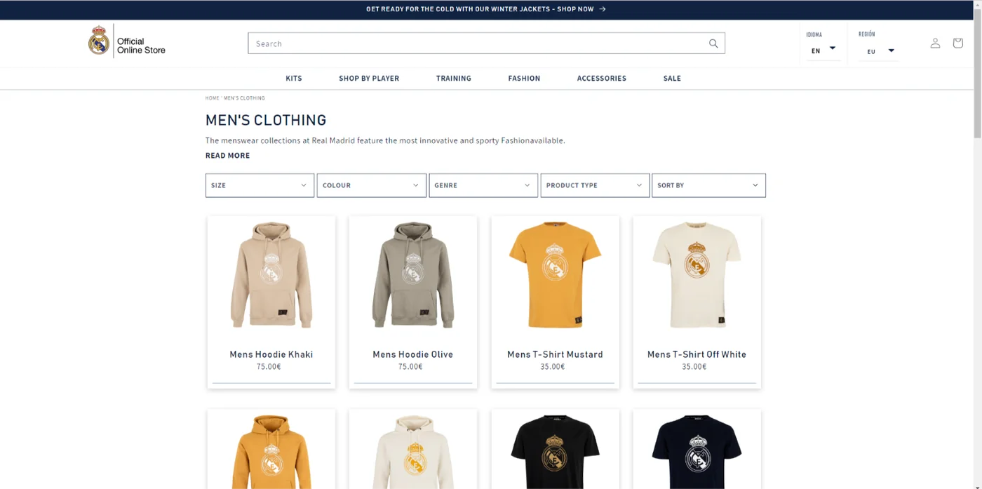 Tienda oficial del Real Madrid con su sección de ropa para hombre