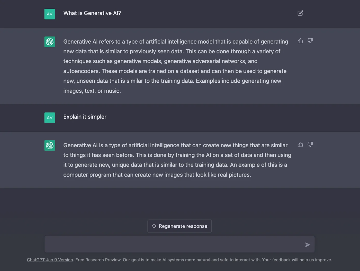 Screenshot of a conversation with Chat GPT talking about Generative AI