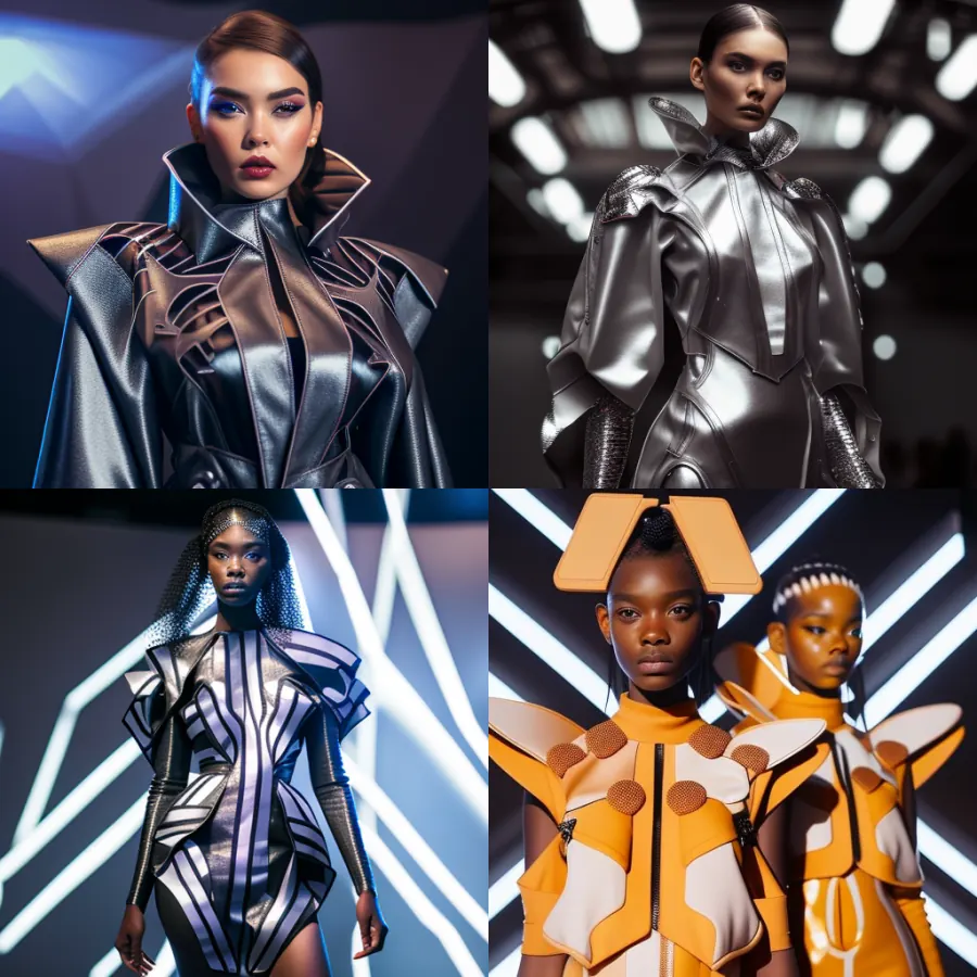 4 images generated by Midjourney AI, fashion AI examples. The prompt was: Hyper realistic futuristic fashion design photography