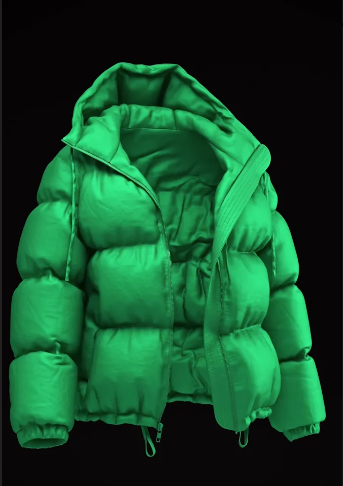 3D render of a green puffer jacket on a black background