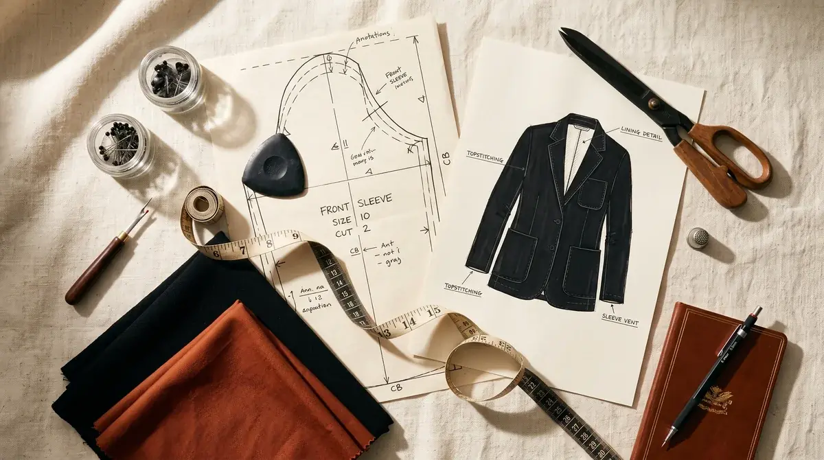 Editorial flat-lay of fashion design tools: pattern, fabrics, measuring tape and technical sketch