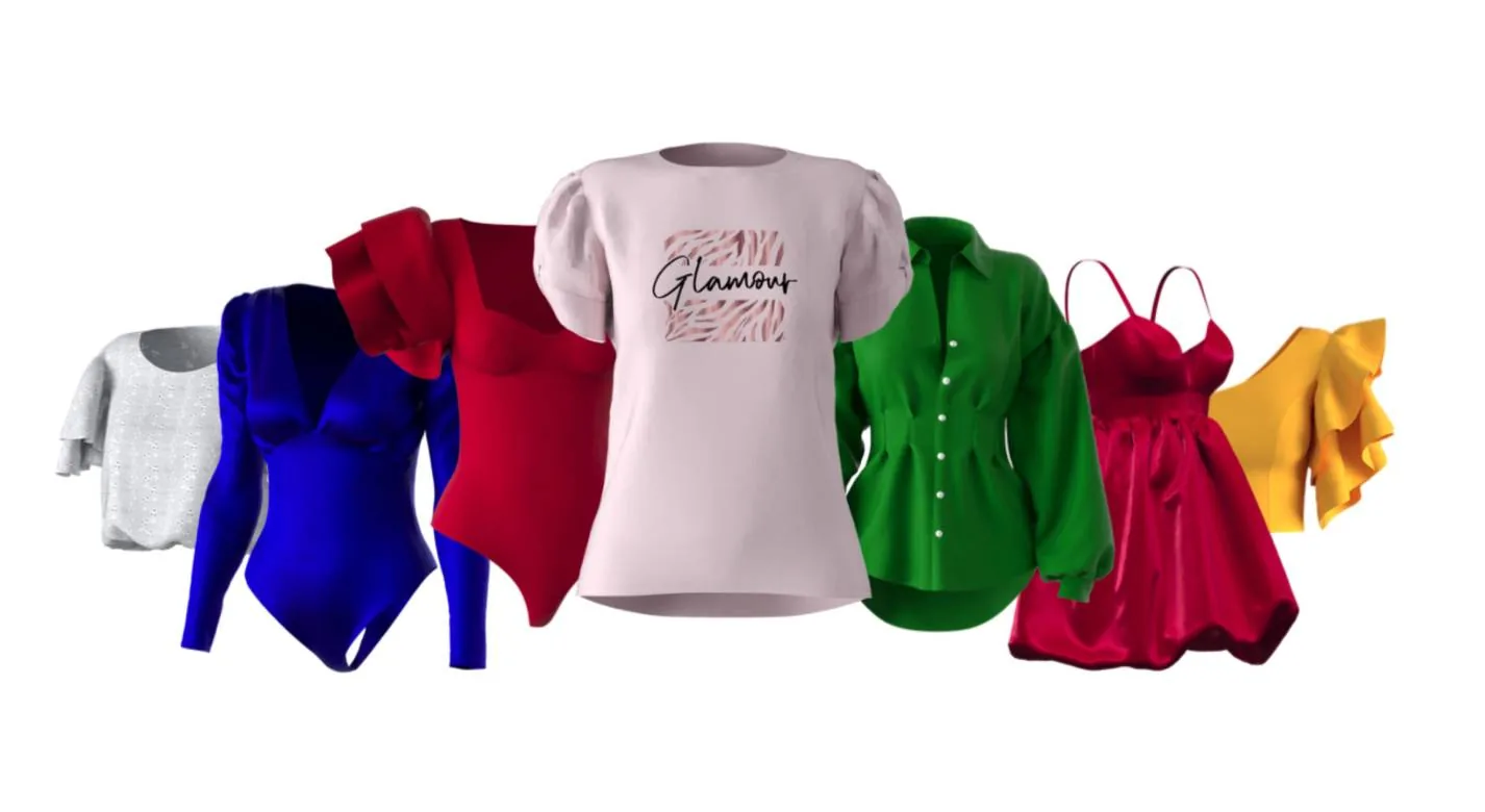 Collage of 3D digital garment renders including blouses, bodysuits and dresses