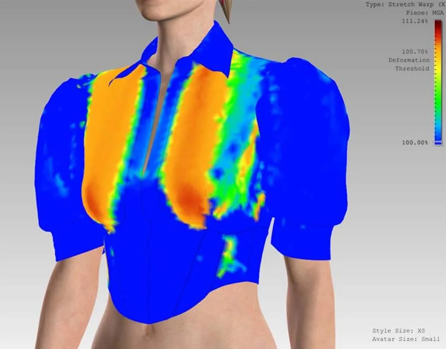 Digital fabric tension simulation on a blue blouse showing stress mapping before sampling