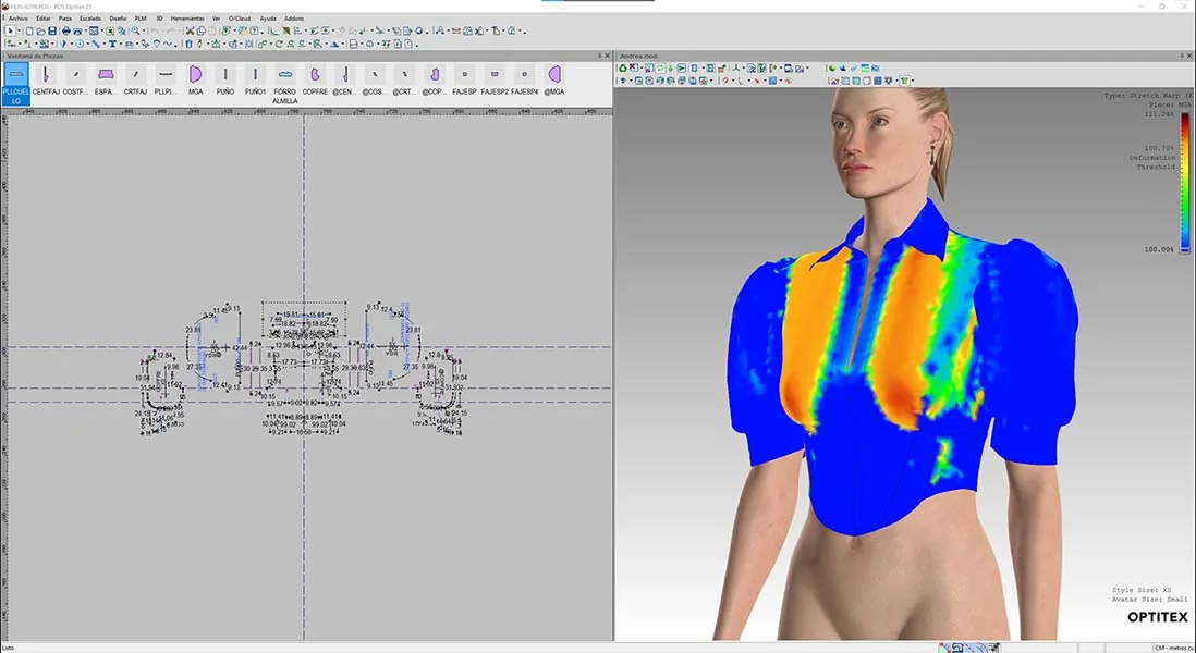 Pantalla de software Optitex con mapa de calor de deformación de tela sobre prenda simulada