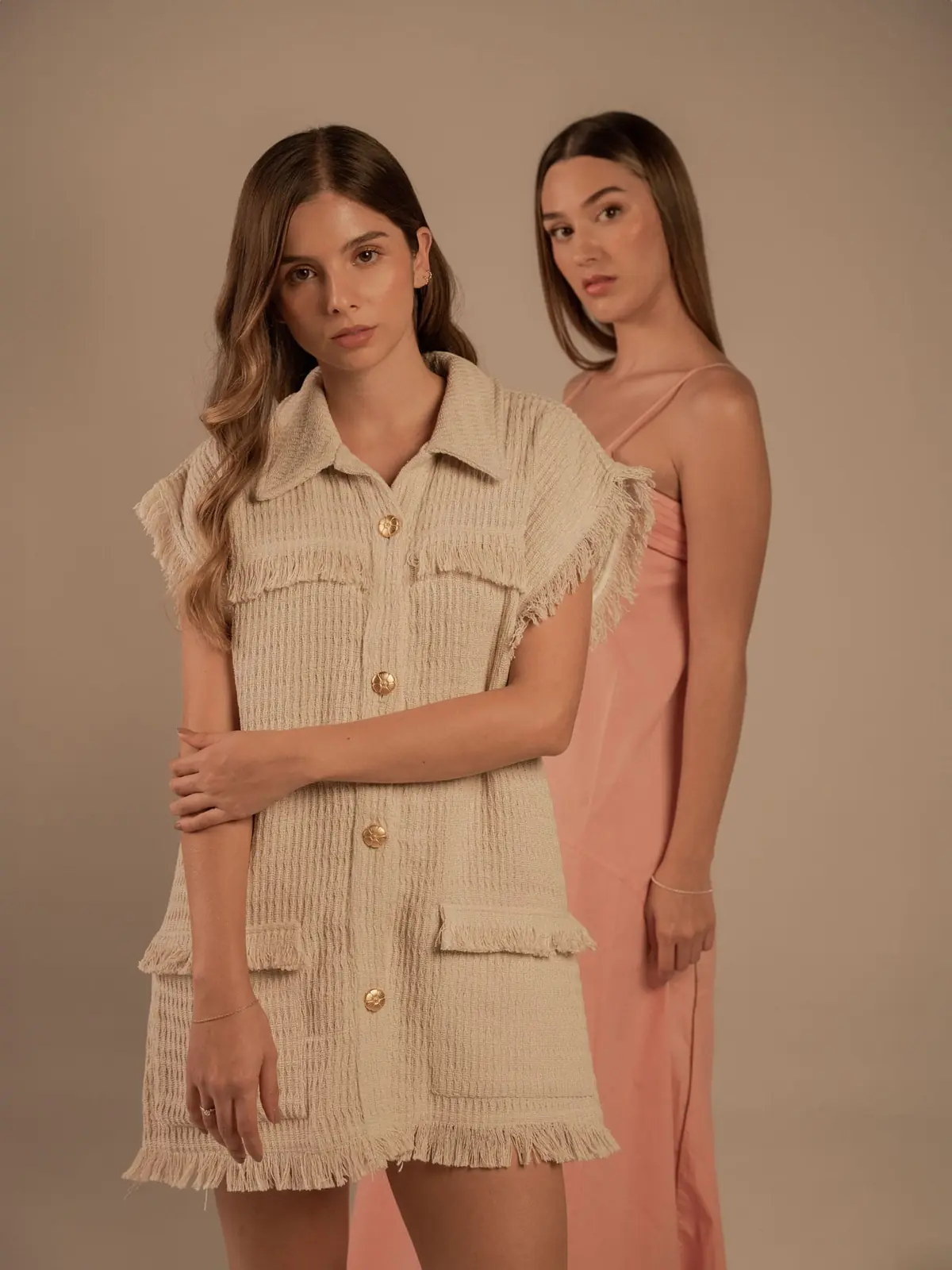 Beige shirt dress with gold buttons and fringe trim, GAT tailoring