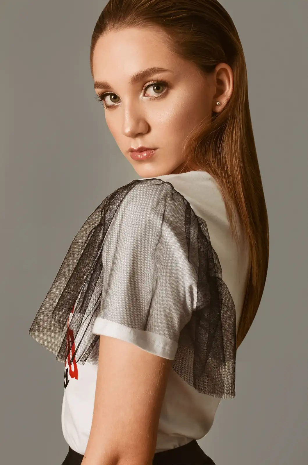 White t-shirt with sheer black puff sleeve, GAT fashion