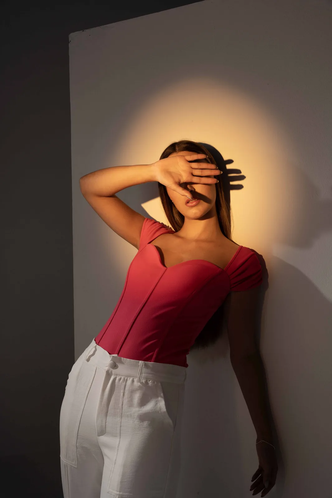Off-the-shoulder pink top with princess seams and gathered sleeve, manufactured by GAT