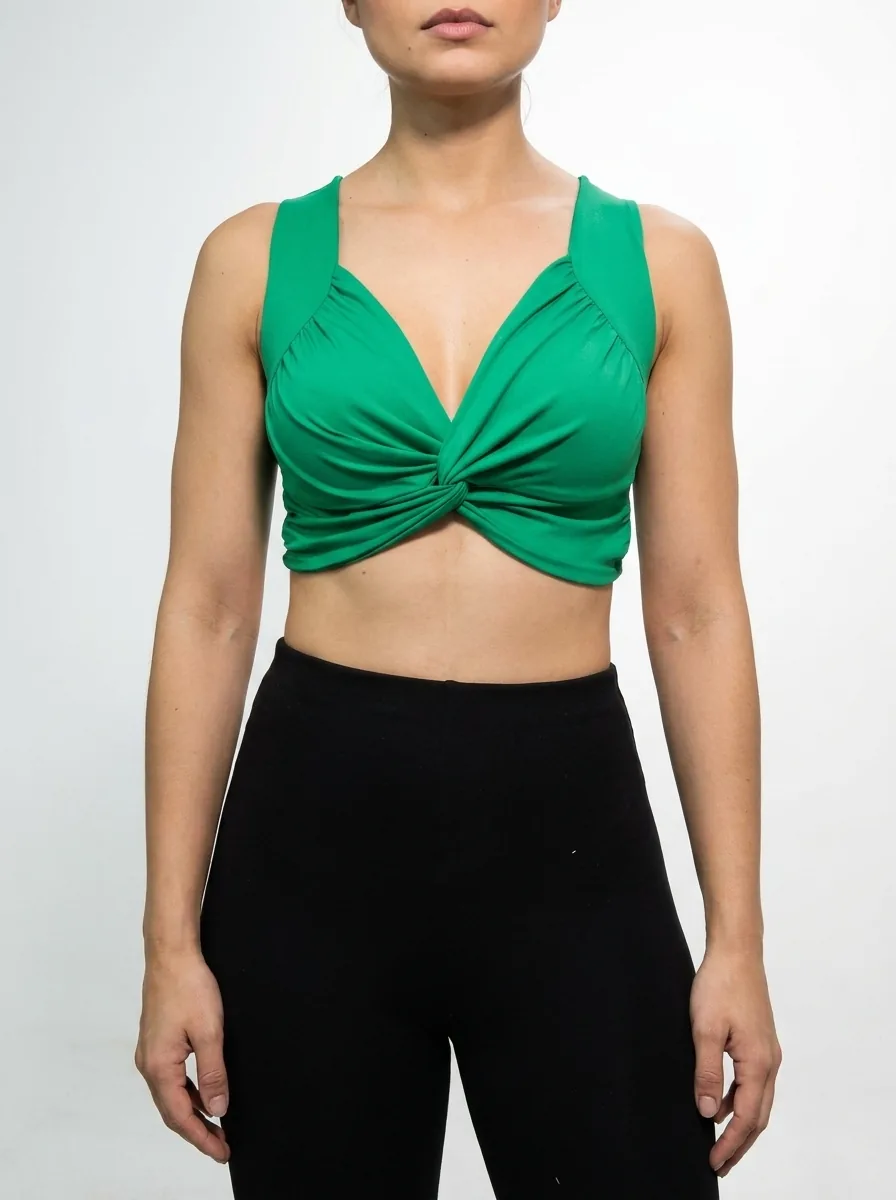 Light blue knit crop top with puff sleeves and print, made by GAT
